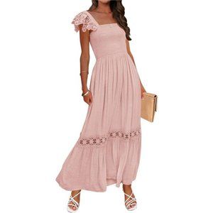 Lace Strap Sleeveless Square Neck High Waist Flowy A Line Maxi Dress For Women